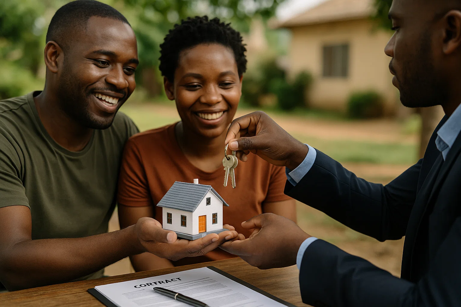 Agent Nadia Immo Services avec des clients satisfaits devant leur nouvelle maison